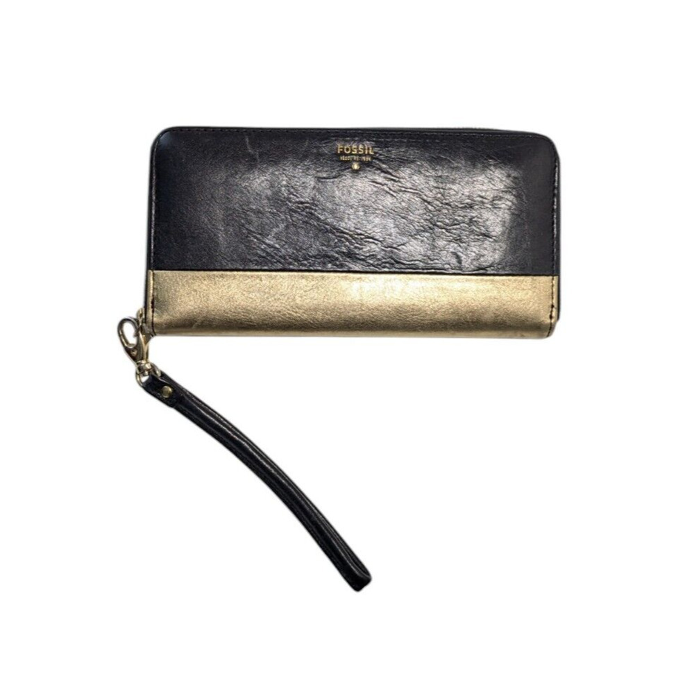 Fossil Sydney Wallet Black Metallic Gold Leather Wristlet Accordion Clutch